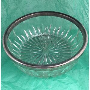 VTG Cut Glass Serving Bowl Silverplate Rim 9" Starburst Thumbprint MCM Regency